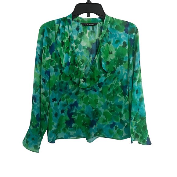 Zara Green Blue Floral Satin Ruffle V Neck Boho Peasant Blouse Silky Chic S - Picture 6 of 9